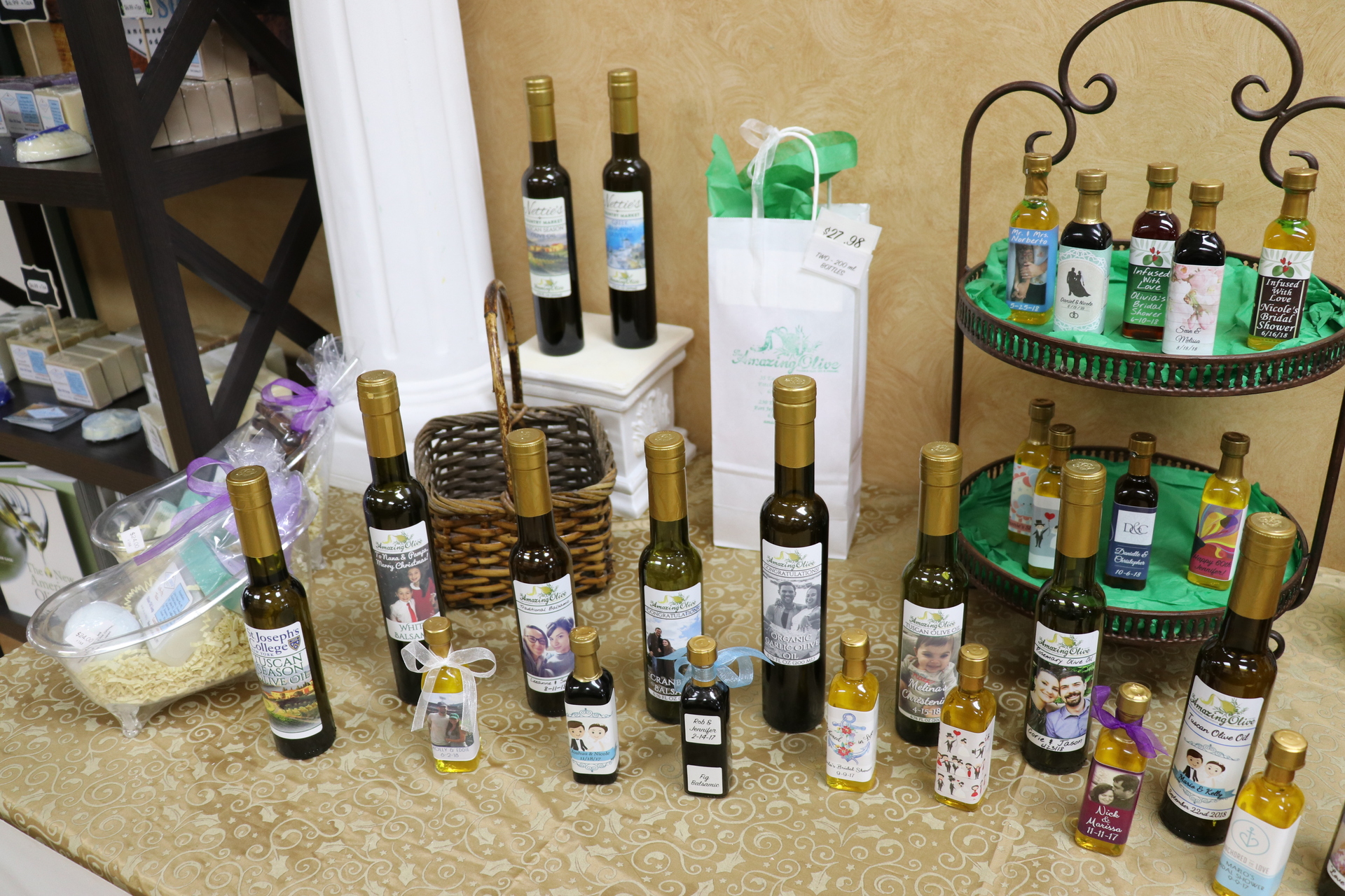Amazing Olive's olive oils and balsamic vinegars with customized labels for party favors and wedding gifts.