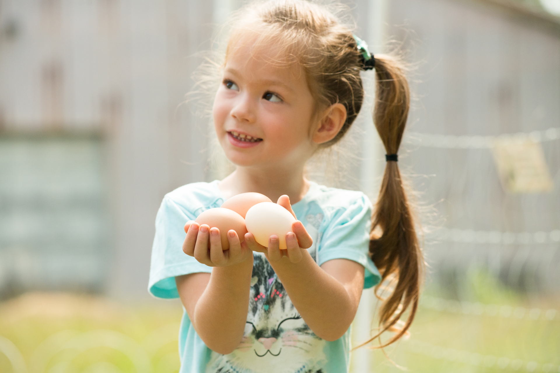 A child holding eggs at the Garden Ministry.